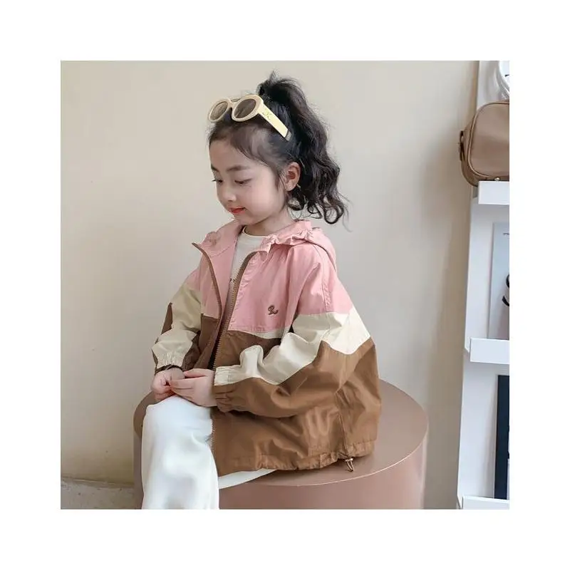 New Girls Hooded Colorblock Jacket Coat Waterproof Windbreaker Toddler Kids Spring Autumn Casual Outdoor School Hiking Appare