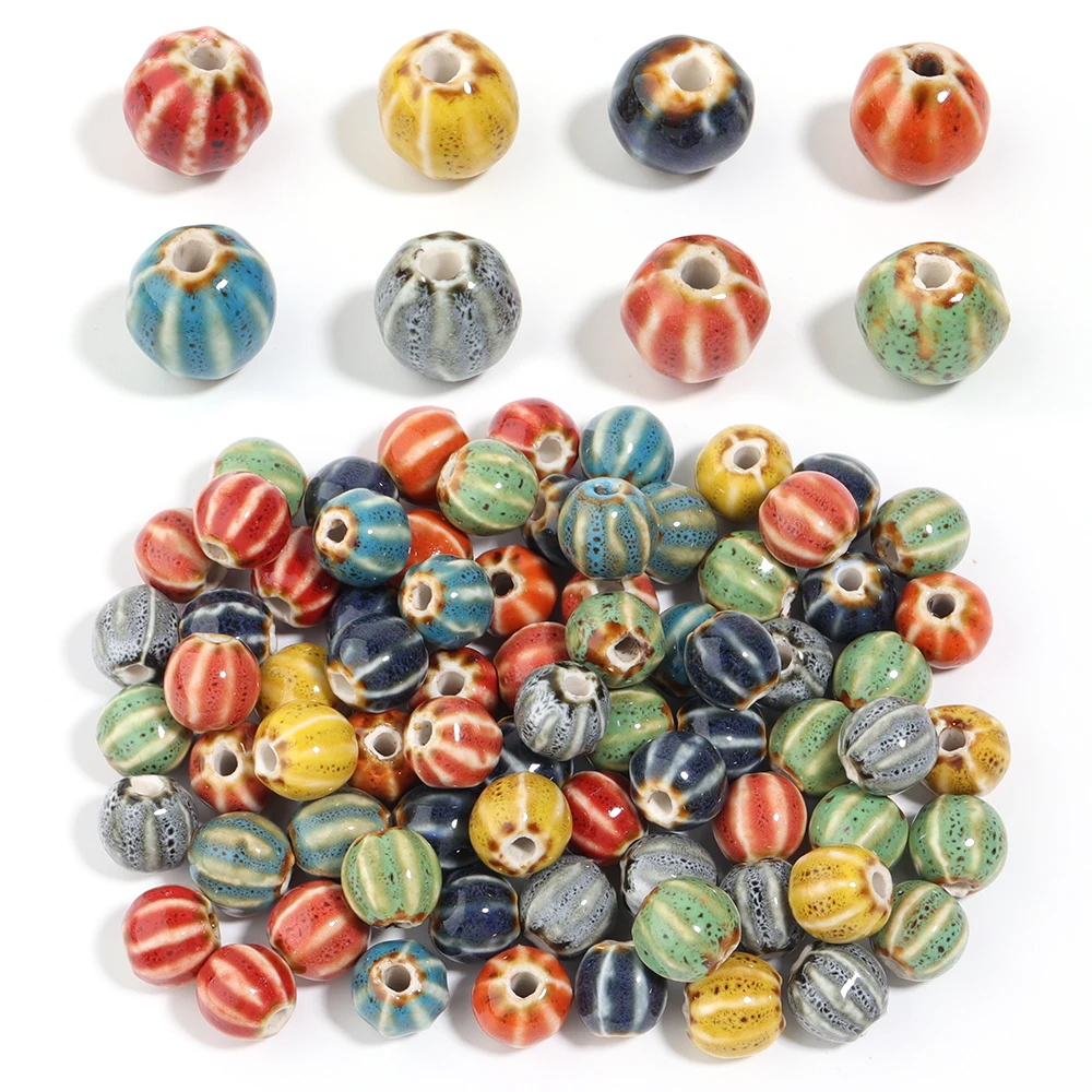 

20pcs/lot 12mm Floral Glaze Watermelon Ceramic Beads Colorful Stripes Loose Beads For DIY Fashion Bracelet Necklace Accessories
