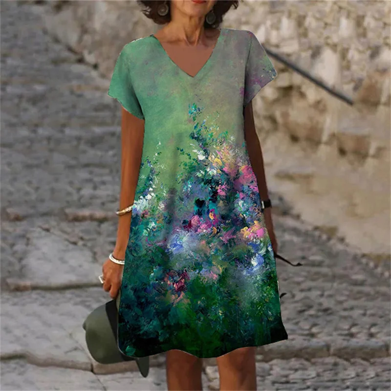 Plant Flowers Tie Dye Gradient Print Women Dress Casual V-Neck Short Sleeve A-Line Dresses Summer 2023 New Oversized Clothing