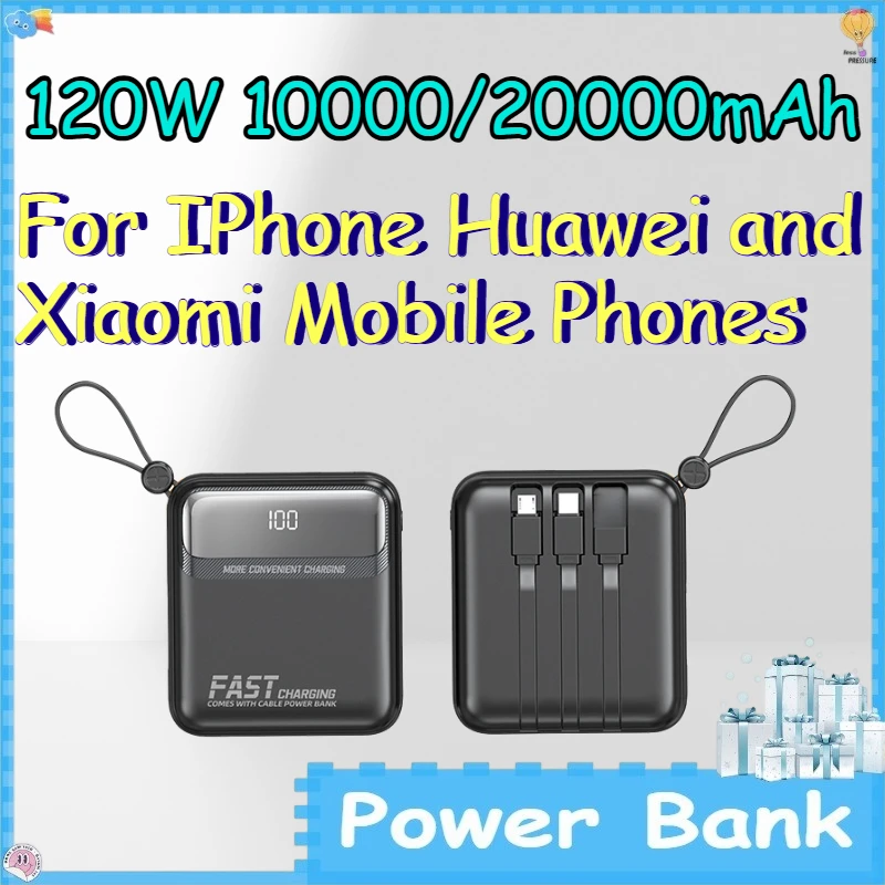 

120W 10000/20000mAh Power Bank for IPhone Huawei and Xiaomi Mobile Phones Power Bank with Built-in Cable for Fast Charging