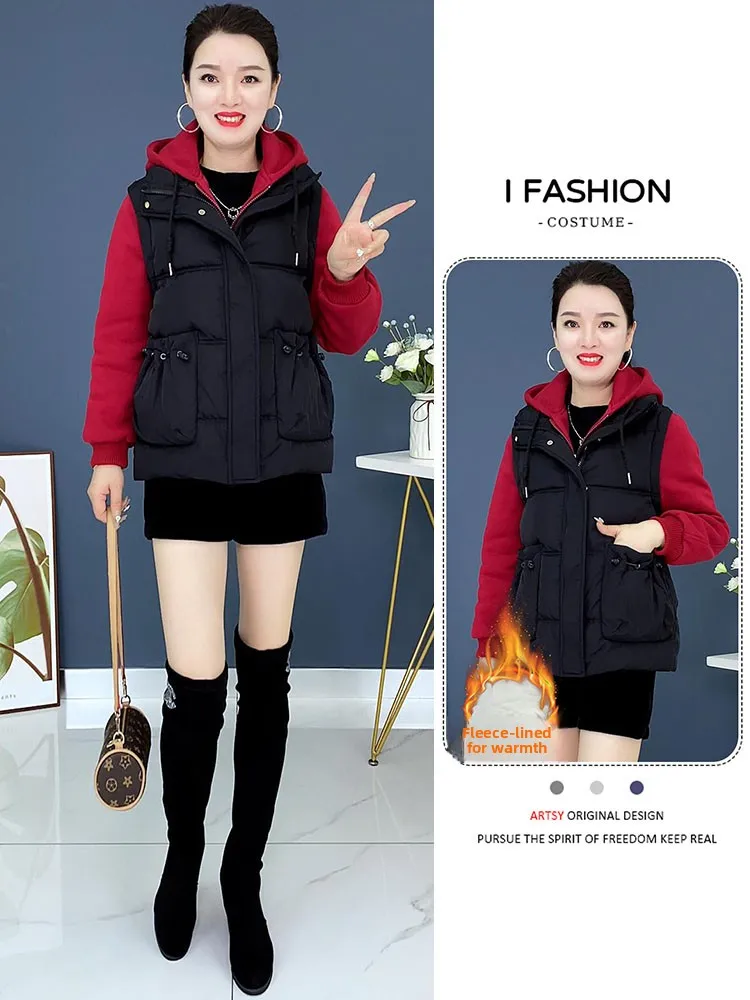 

Chic Matching Hood Cotton Jaet Women's Outerwear Midlife Mom Warm Top Trendy Splicing Thiened Long Sve Zipper Closure