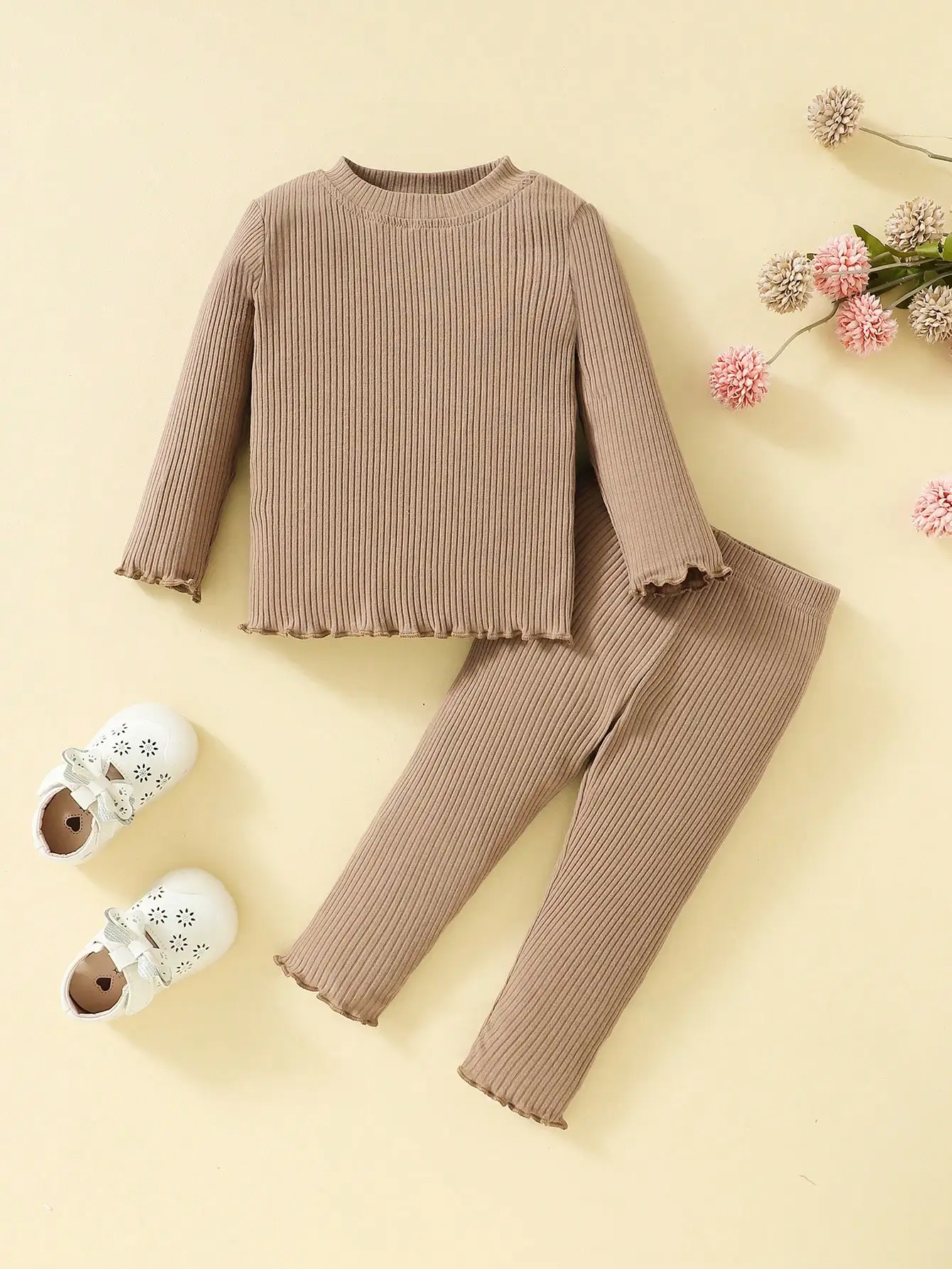 Baby Girl Clothes Set 3-24 Months Toddler Girl Solid Color Outfit Autumn Winter Long Sleeve Round Neck Pullover Tops Long Pants