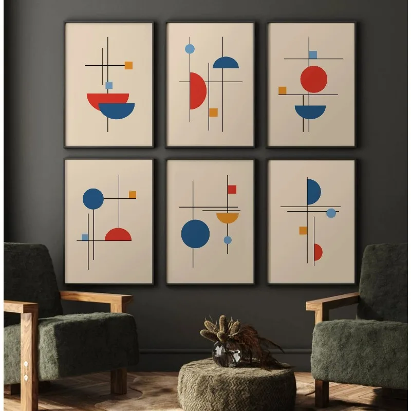Bauhaus Print Set of 6 Geometric Abstract Canvas Wall Art Minimalist Poster in Red Navy Mustard Gallery Wall Living Room Decor
