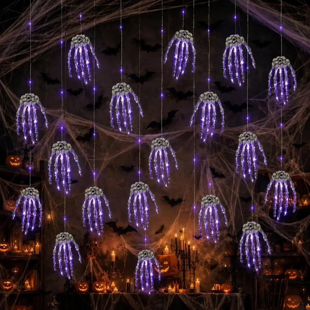 Battery Operated Party Ornaments Halloween Skeleton Hand Hanging Lights Purple Led Claw Lantern Spooky Atmosphere for Haunted