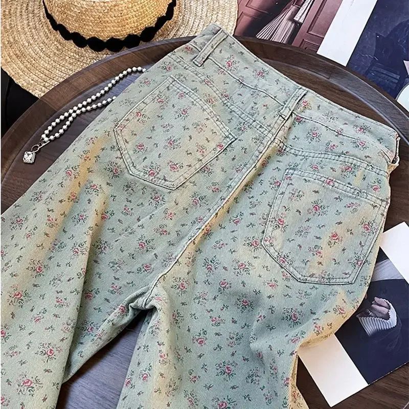 جينز ريترو مستقيم الساق مطبوع للنساء تصميم جديد، سروال عالي الخصر فضفاض غير رسمي واسع الساق عصري JJ76