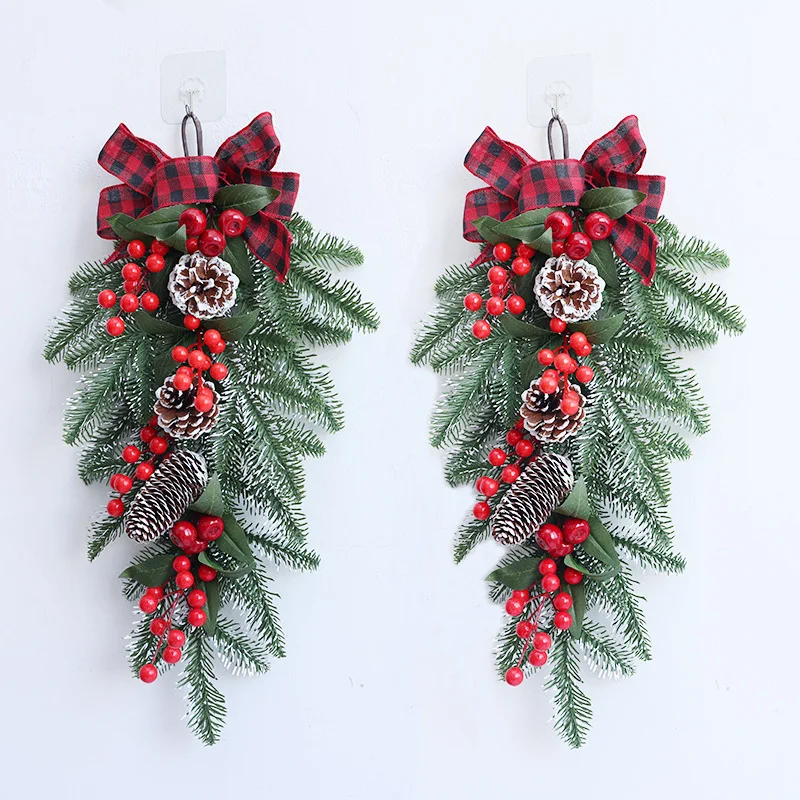 

Christmas Wreath for Front Door Bowknot Pinecone Berries Window Wall Decorations Garland Pendant Ornament New Year Decorations
