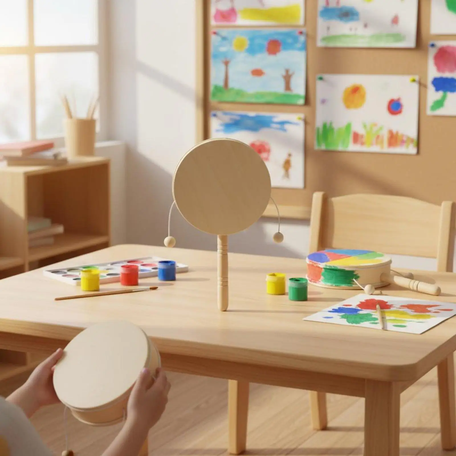 Children Wooden Rattle Blank Canvas Toy for Painting Creative Craft Kit Montessori Sensory Drum