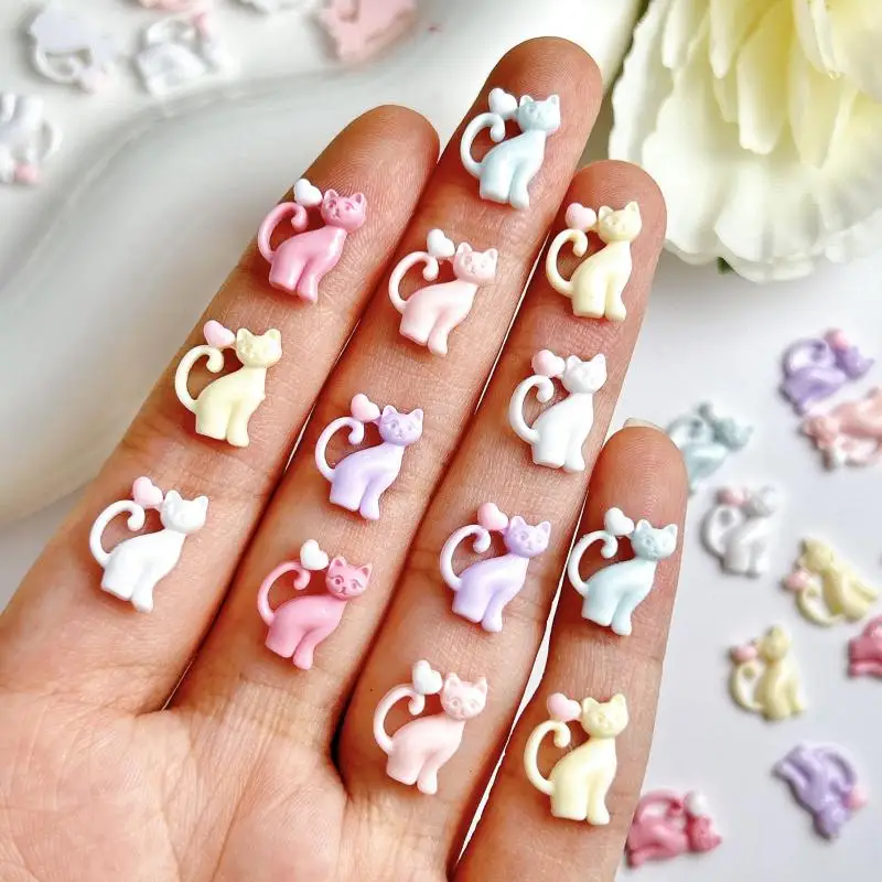 50PCS 3D Luminous Cat Resin Nail Charms Cute Solid Color Heart Cat Nail Art Decorations for DIY Hairpin Phone Case Nails Designs