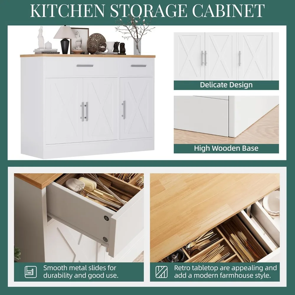 Modern Farmhouse Style Buffet Cabinet with 3 Doors and 42 Barn Doors Storage