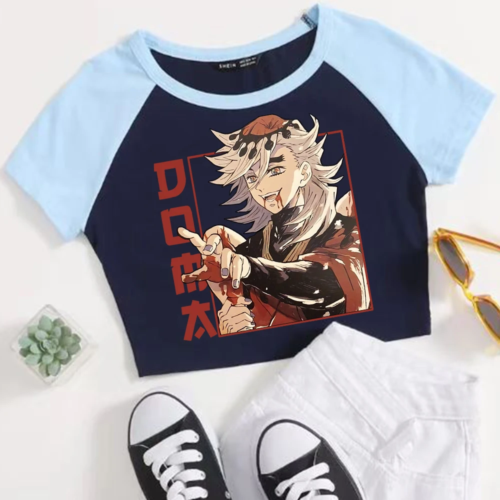 أنيمي شيطان القاتل دوما المحاصيل القمم تي شيرت الفتيات أزياء المرأة س الرقبة قصيرة الأكمام المشجعين هدية تي شيرت