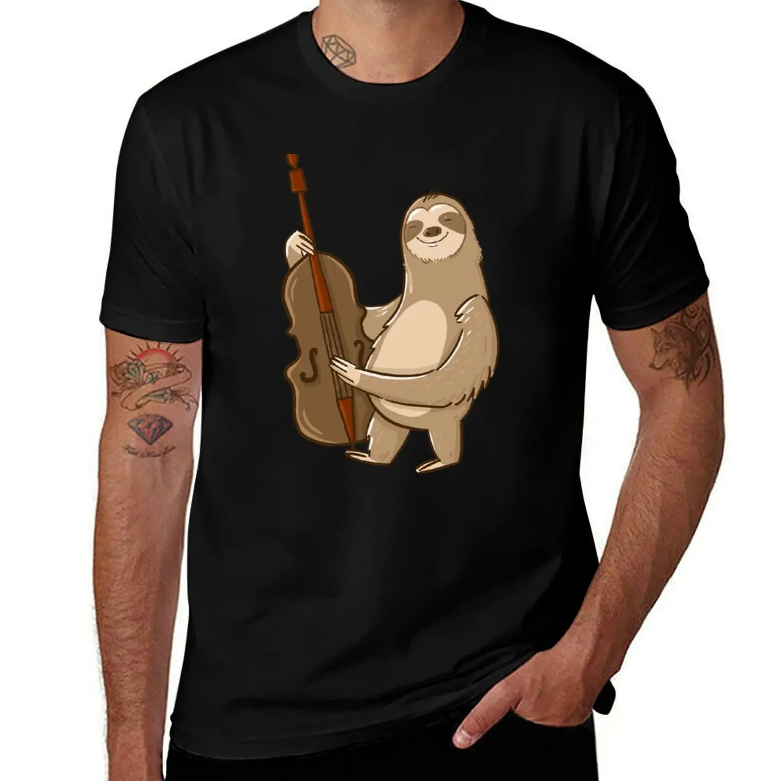 

t Playing men Bass Double shirt Bass Upright cotton tshirt T-Shirt t shirt Cello Musician Jazz Sloth pack anime 100% cotton