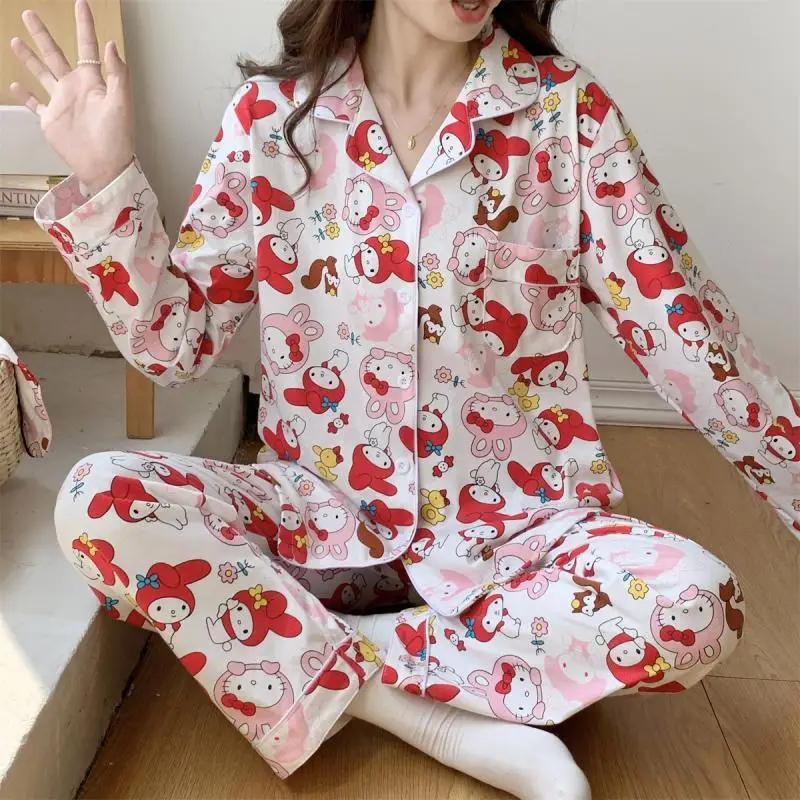 

Sanrio Girl Leisure Time Flip Collar Pajama Set Spring and Autumn Kawaii Hello Kitty Comic Fashion Cardigan Go Out Leisure Wear