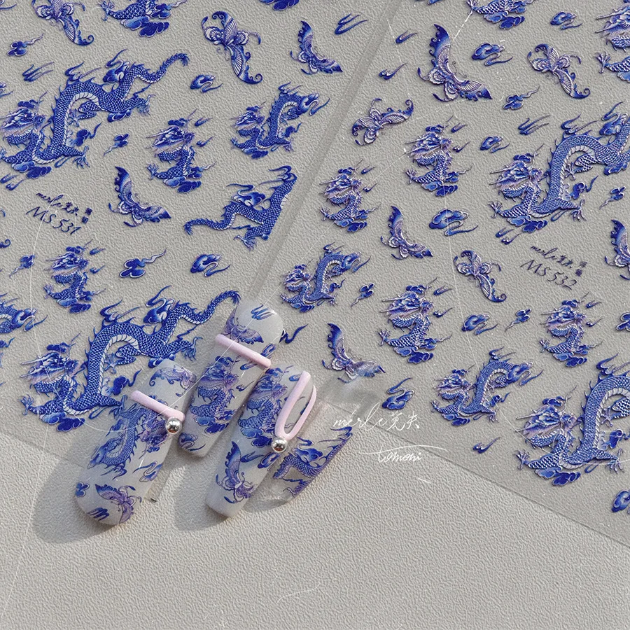 1PC 5D Retro Embossed Dragon Blue White Porcelain Nail Stickers Soft Relief Self Adhesive Decal Chinese Style Dragon Nail Slider