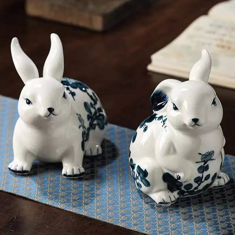 Blue and White Porcelain Rabbit Sculpture Ceramic Simulation Animal Crafts Room Wine Cabinet Decoration Home