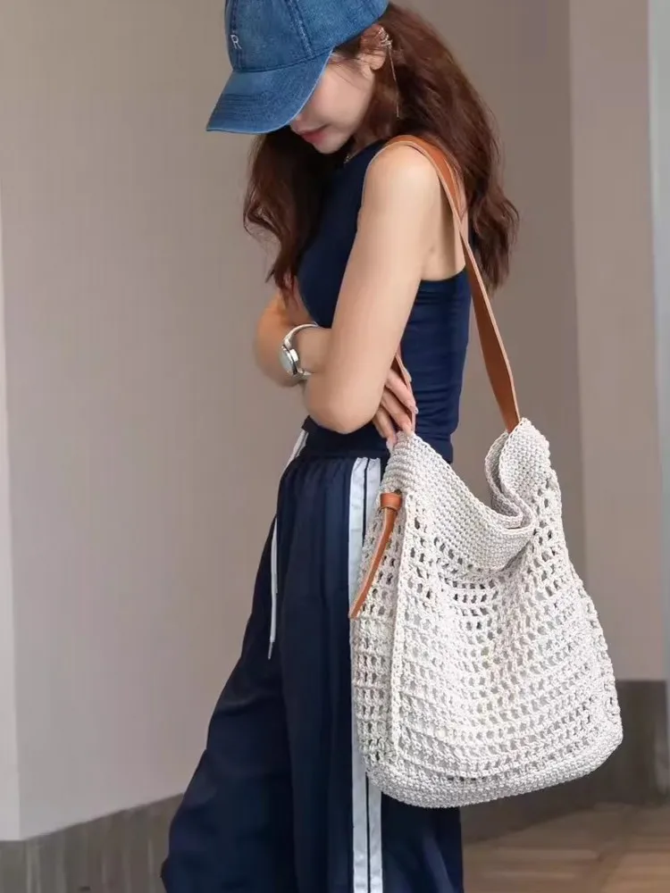 Handmade Weave Straw Beach Bag Women Summer Hollow Out Crossbody Bag Cow Leather Spliced Strap Shoulder Bag Large Capacity Totes