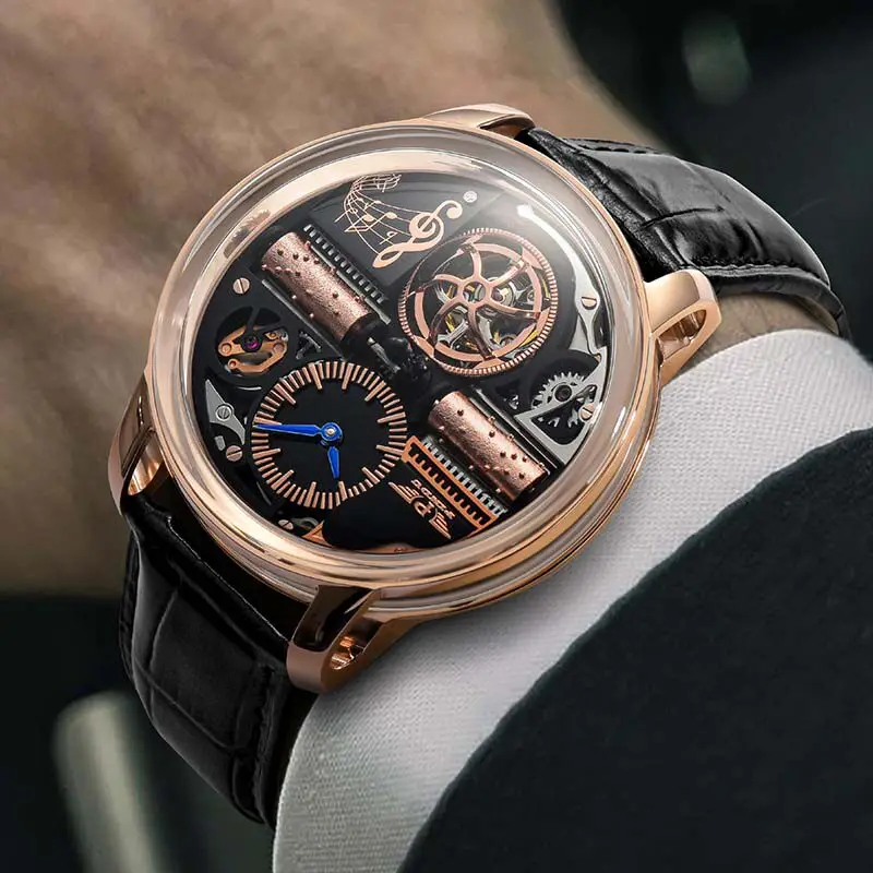

Music Series Men's Trendy Casual Fully Automatic Mechanical Analog Watch Stainless Steel Case Genuine Leather