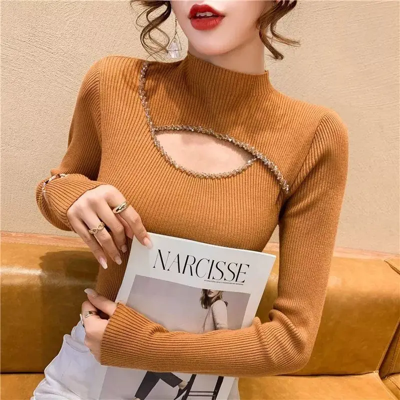 Elegant Chic Sexy Hollow Half High Collar Diamonds Basic Knitwear Fall Winter Fashion Slim Long Sleeve Solid Pullover Top Female