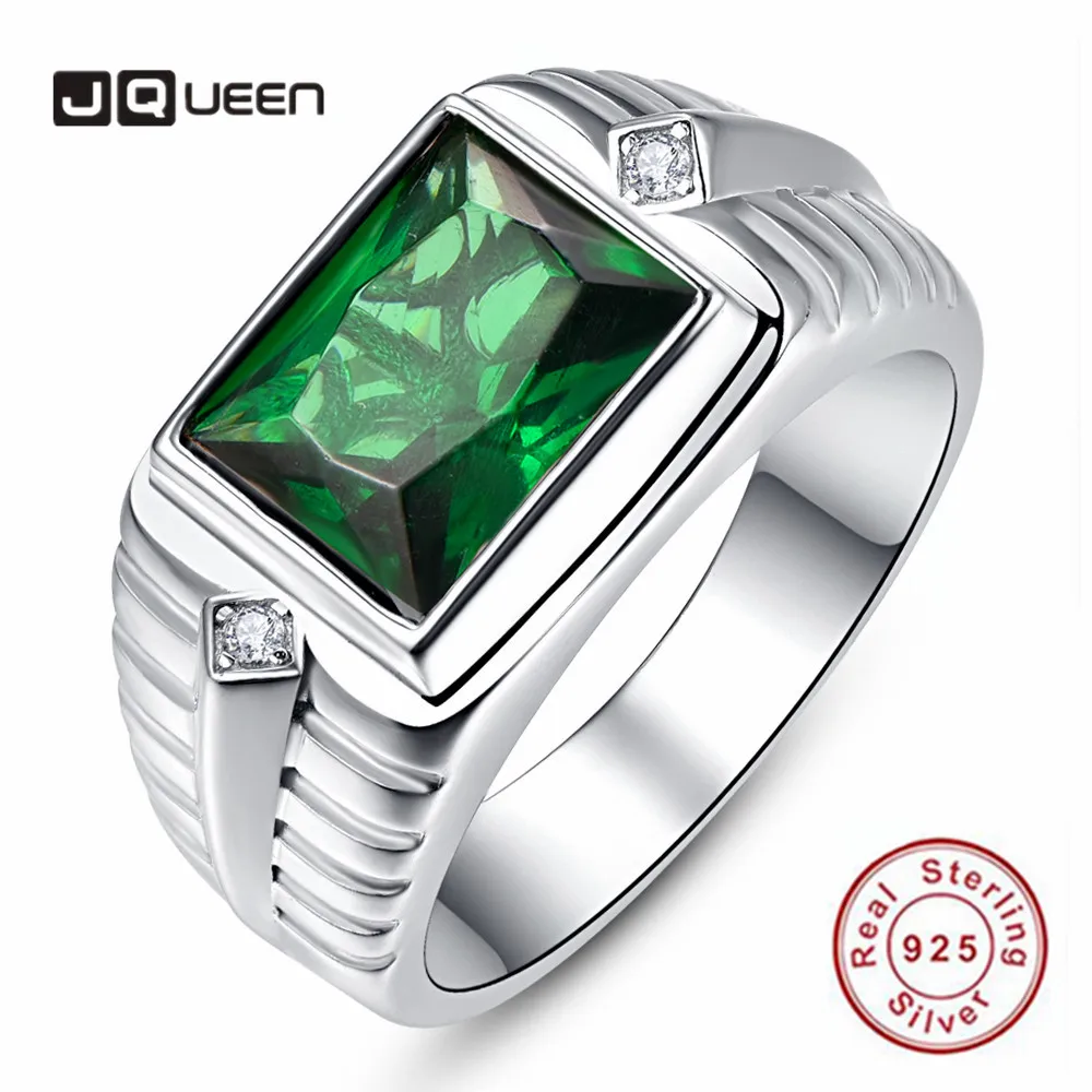 

925 Sterling Silver Men's Rings High Quality Emerald White Cubic Zirconia Wedding Ring Square Green Zircon Men's Ring