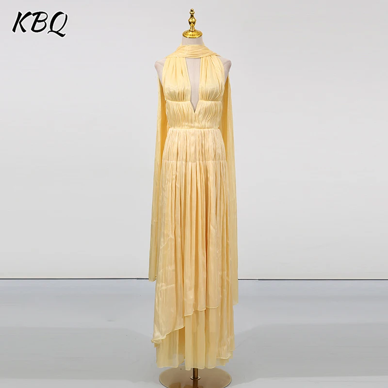 

KBQ Elegant Solid Spliced Lace Up Tunic Dresses for Women Deep V Neck Sleeveless High Wiast Temperament Long Dress Female New