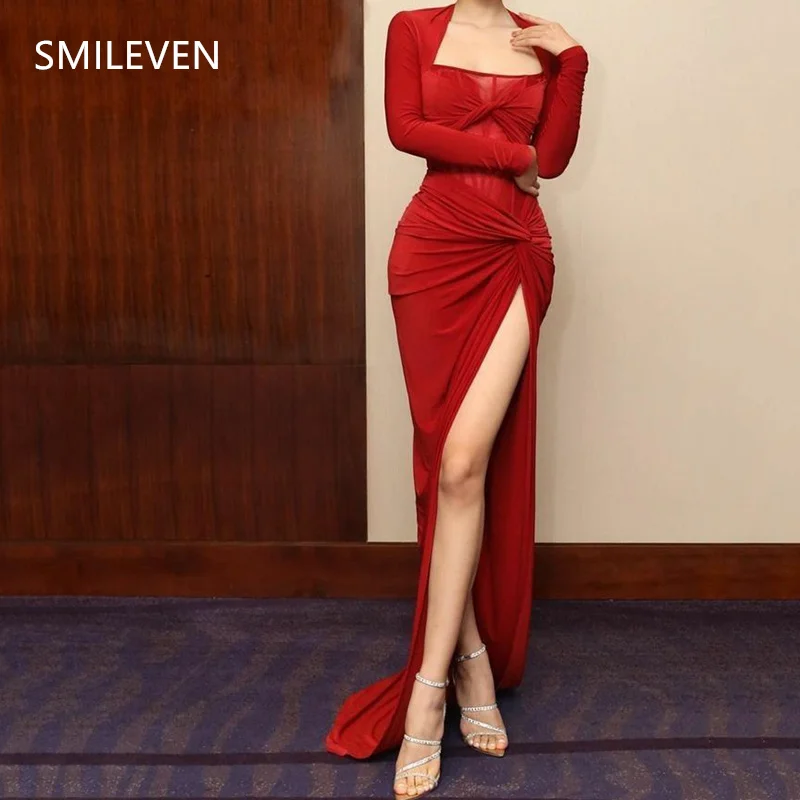 

Smileven Side Split Sexy Red Mermaid Lace Backless Prom Dresses Sexy Long Sleeves Evening Dress Gift 2025 Customized 2025