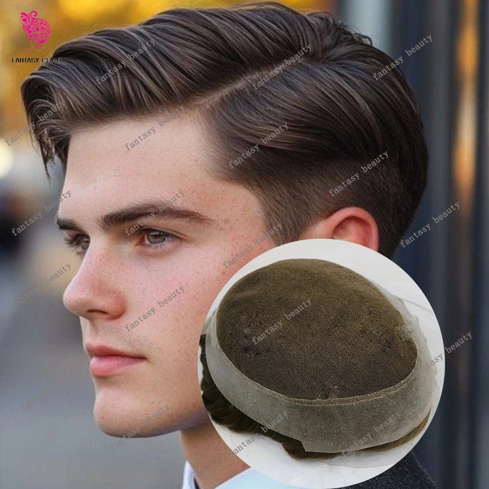 Men's Wig Human Hair Toupee Strong knot Australia Swiss Lace Center&Transparent PU Durable Brown Grey Hair Prosthesis Toupee Men