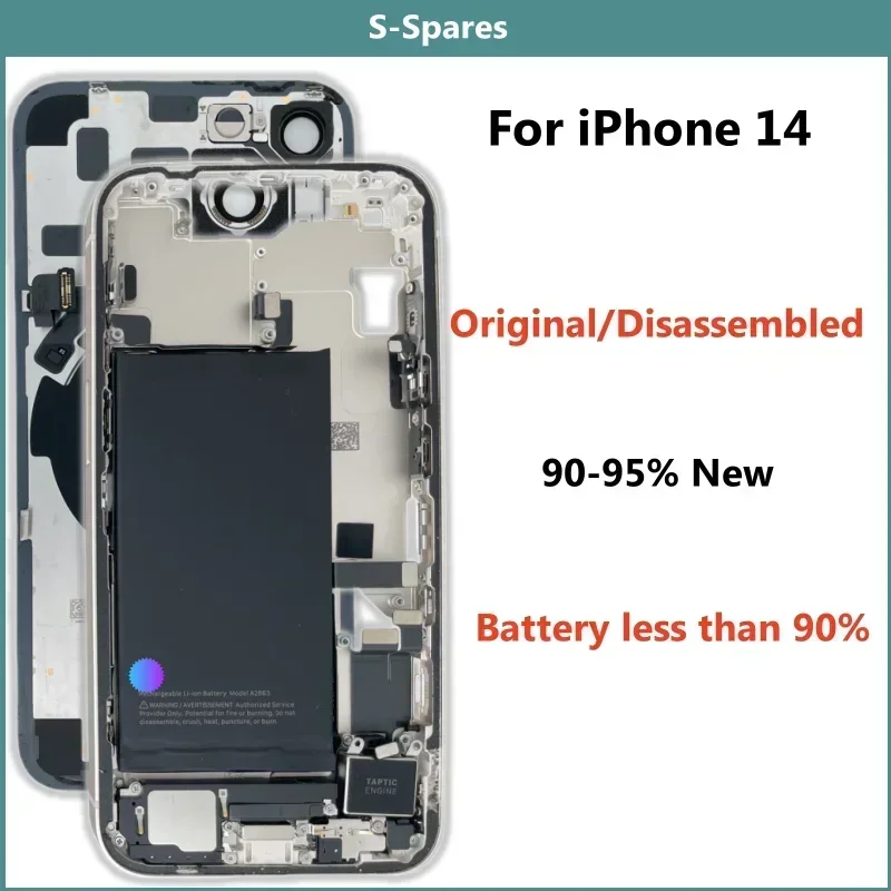 

Disassembled Official Middle Frame Housing, Back Glass Cover for iPhone 14 with Battery, NFC Wireless Assembly, 90% New