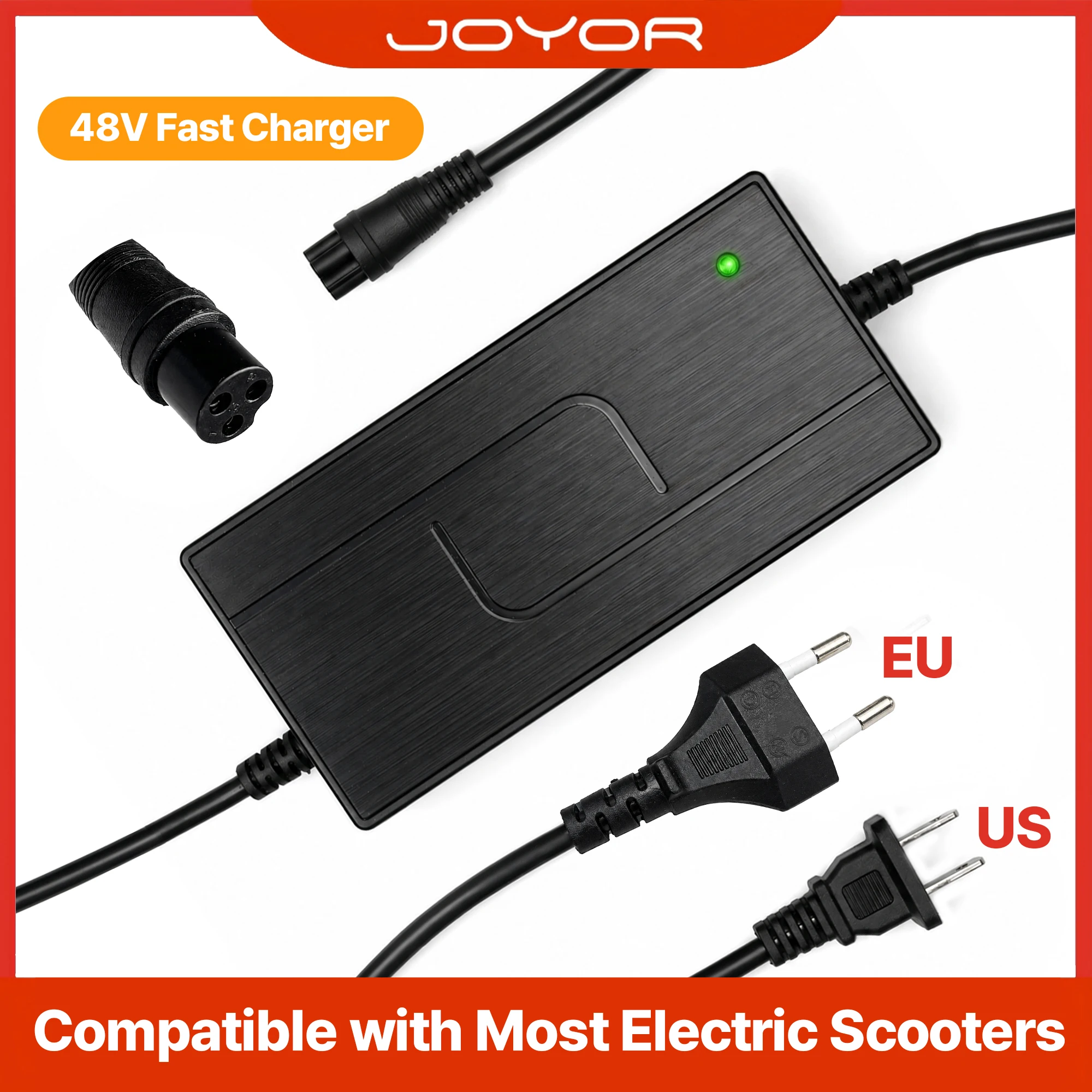 Cargador de Scooter Eléctrico de 48V 3A, Carga Rápida de 54.6V para Batería de Iones de Litio de 48V, Adaptador de Corriente de 110-240V CA, Enchufe Universal para UE y EE. UU.