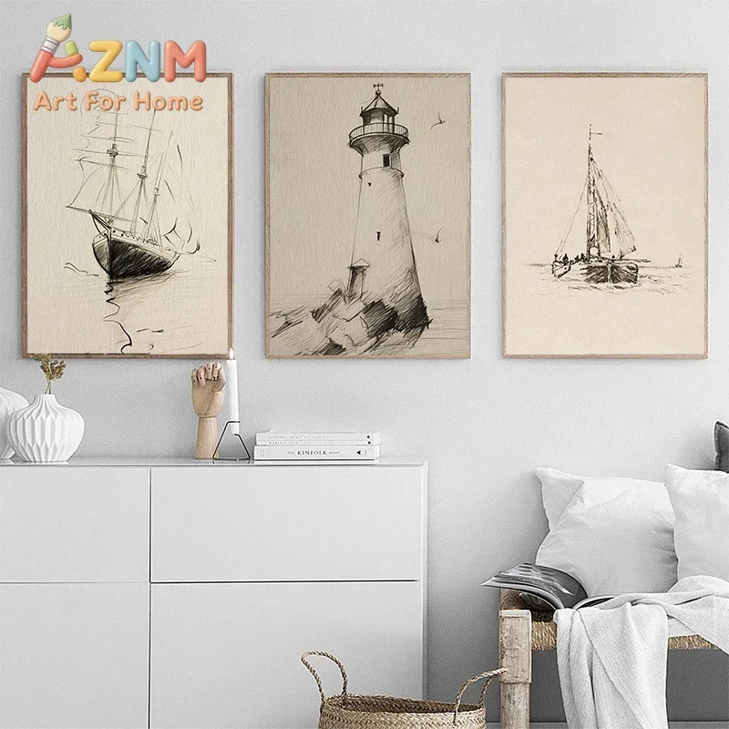 Vintage Navigation Sketch Coastal Sailing Lighthouse Art Poster Canvas Printed Mural Gallery Living Room Bedroom Home Decoration