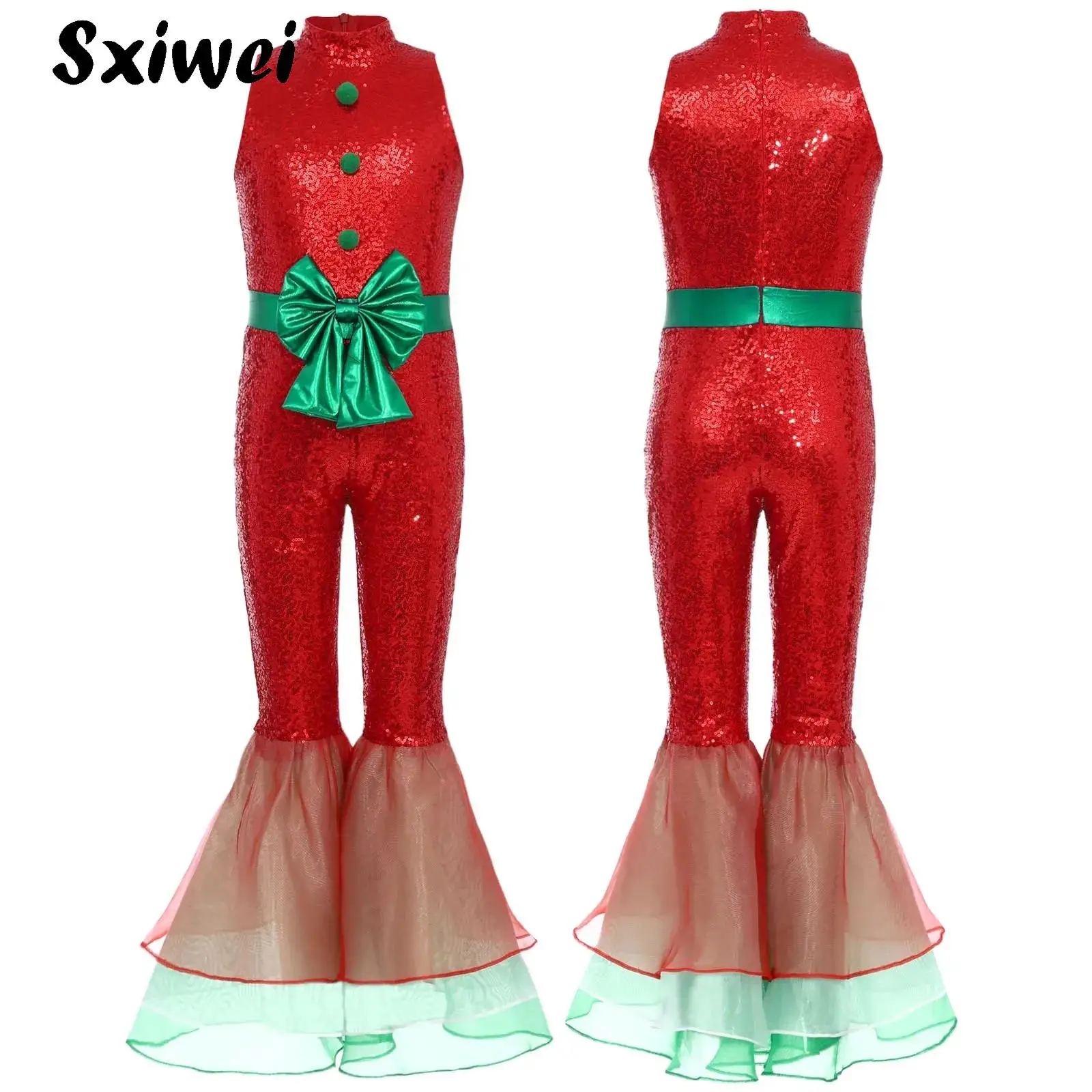 

Girls Christmas Dance Jumpsuit Tiered Flared Legs Pants 70S Disco Outfits Bell-Bottom Full Bodysuit Hip Hop Jazz Dance Costume