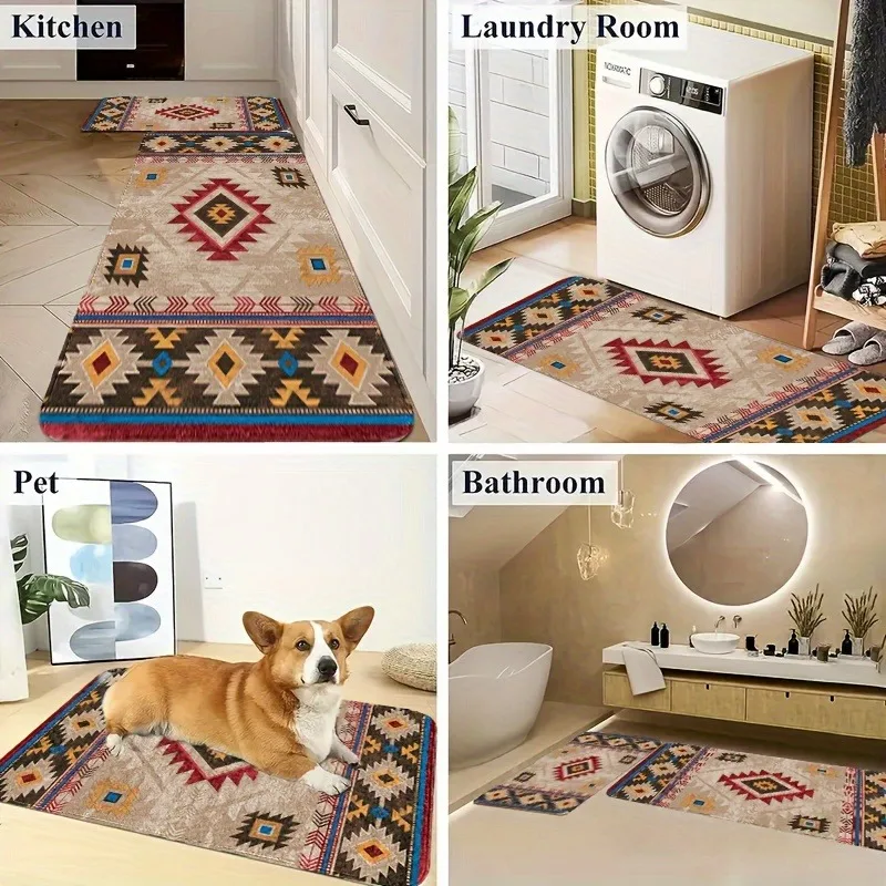 

1PC Bohemian Geometric Medley Kitchen Rug Non-Slip Door Mat Pop design Bathroom Rug Bath Mat Carpet for Home Sink Laundry Decor