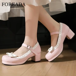FOREADA Women Mary Janes Lolita Pumps Round Toe Platform Thick High Heels Kawaii Buckle Bow Ladies Cosplay Shoes Spring Autumn