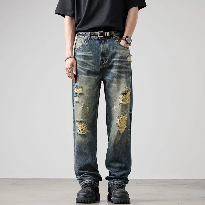 Casual Loose Vintage Ripped Jeans Men 2025 Autumn Solid Vintage Daily Wash Hole Straight Denim Pants