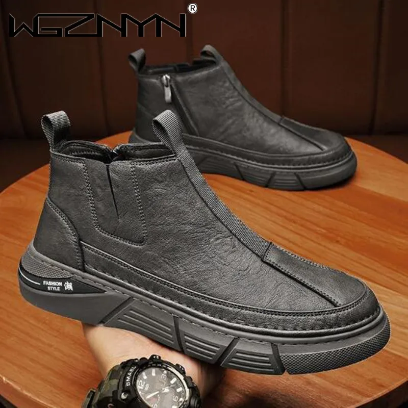 2024 Men\'s Boots Leather Casual Shoes Comfortable Breathable Solid Color Autumn Winter Men Loafers Plus Size Ankle Boots on Sale