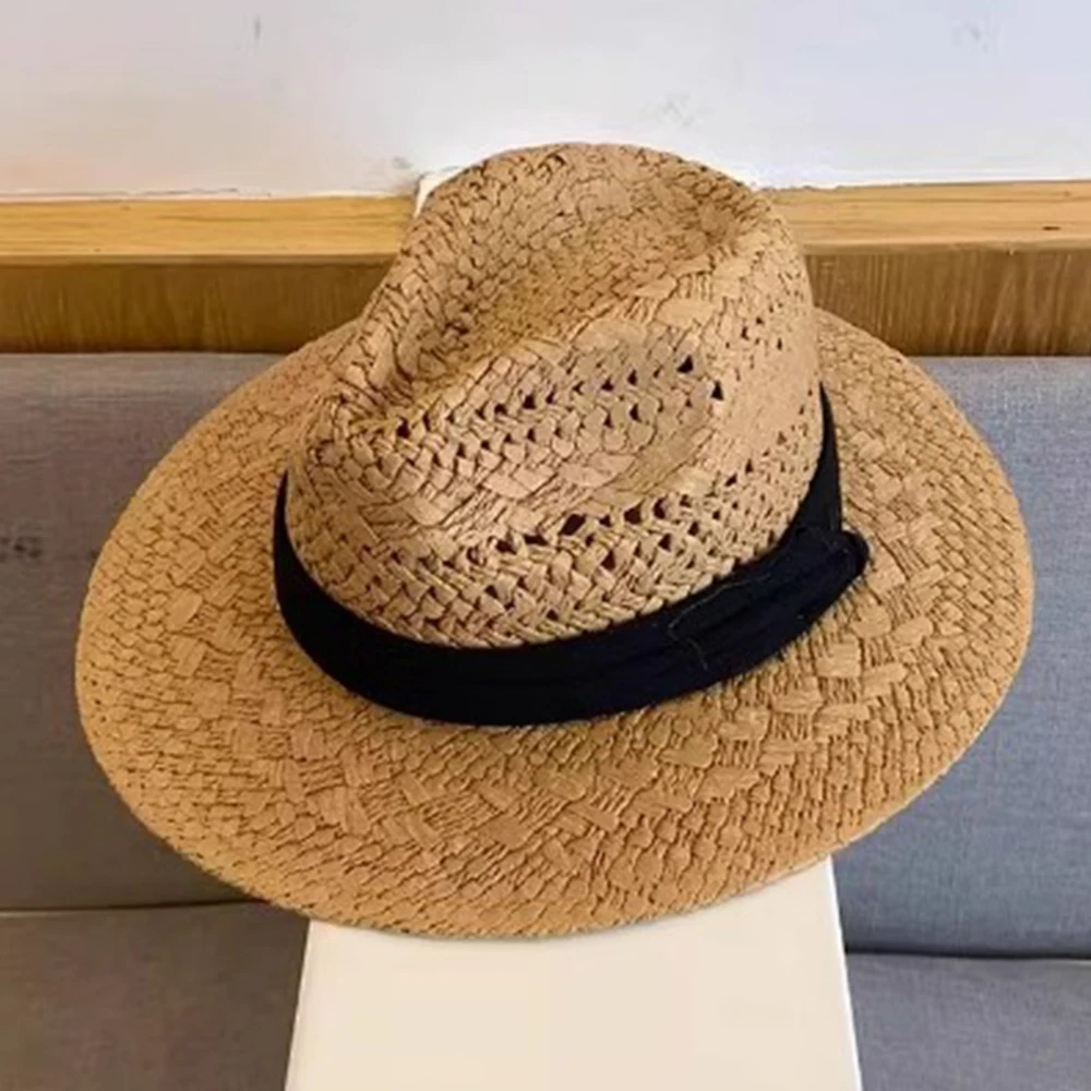 Straw Western Cowboy Hat for Women Men Classic Vintage Hollow Out Unisex Curled Wide Brim Sun Hat Fishing Hat Climbing Cap image 3
