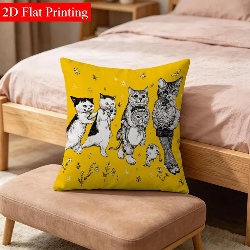Yellow Cat Pillowcase, Funny Dancing Kittens Cushion Cover, Retro Sketch Print, Cute Animal Throw Pillow, Home Decor
