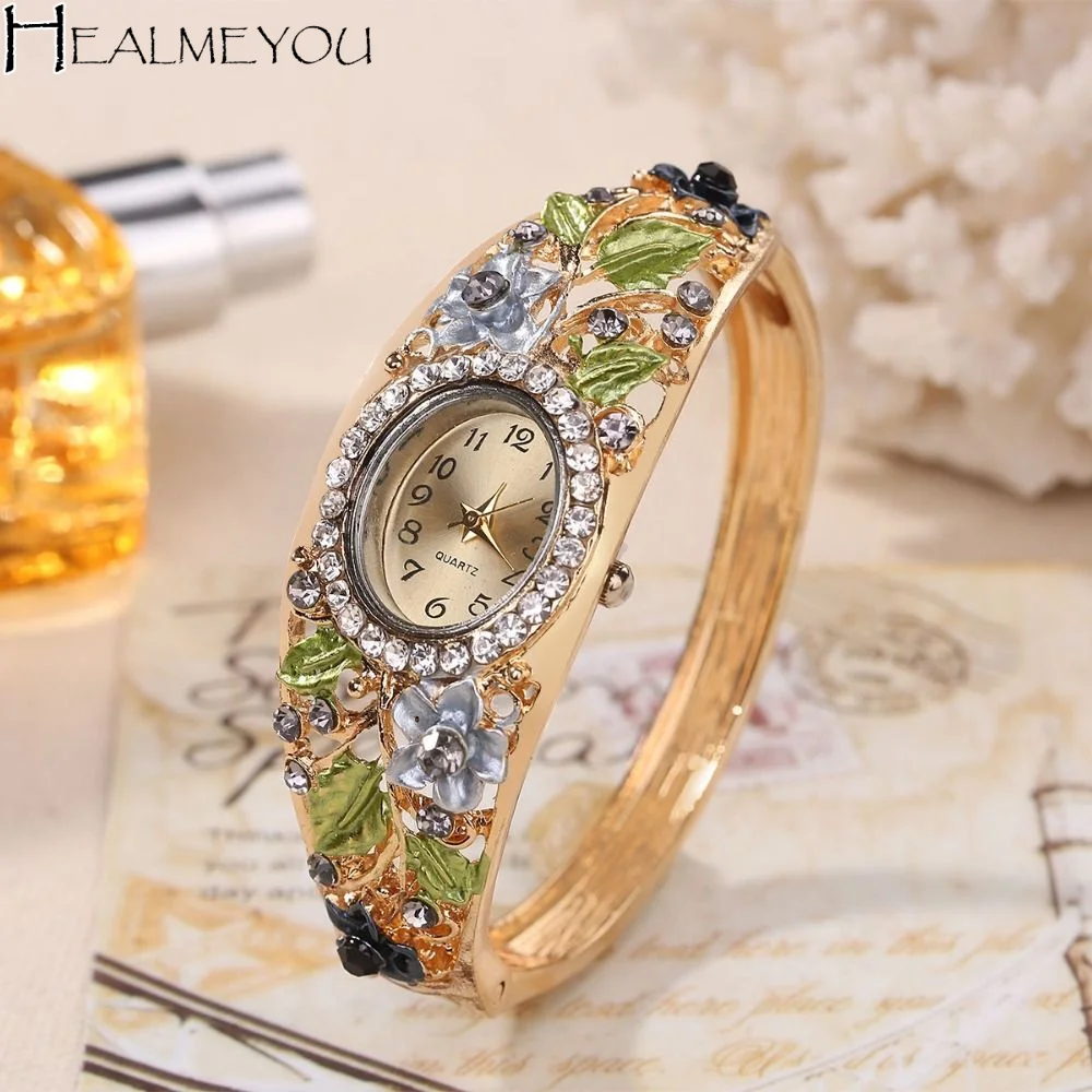 

Винтажные часы с цветочным узором, круглый циферблат, кварцевые часы с кристаллами, универсальный дизайн, браслет с стразами, часы-браслет