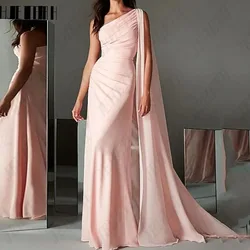 JEHETH Elegant Pink Mermaid Evening Dresses Long One Shoulder Pleated Sleeveless Sweep Train Chiffon Party Dresses فساتين السهرة