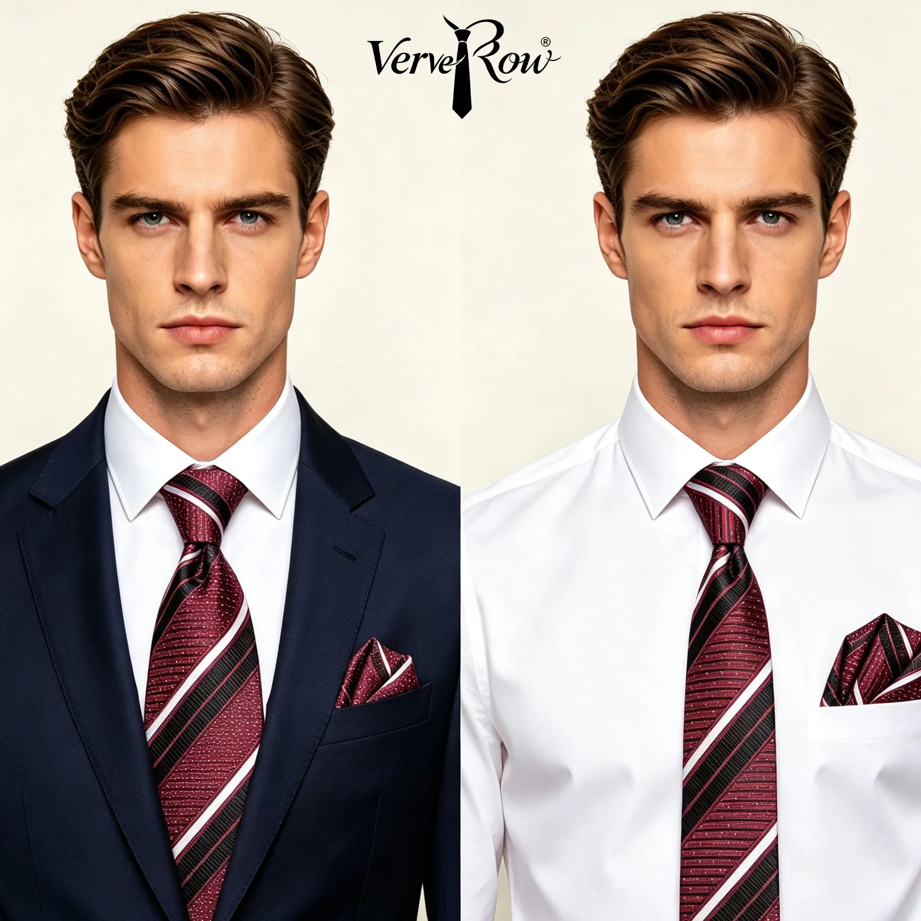 VERVEROW Men Burgundy Dot Diagonal Stripe Necktie Pocket Square Set Textured Formal Tie Handkerchief for Business Wedding