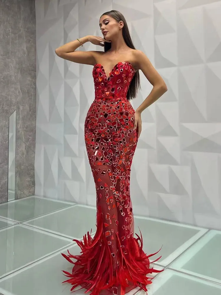 2023 New Women Luxury Sexy Strapless Backless Feather Red Mirror Maxi Long Bodycon Gowns Dress Evening Club Party Dress