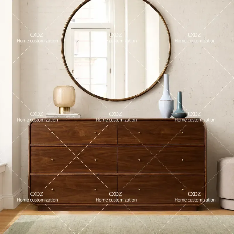 Japanese Style Solid Wood Chest of Drawers Walnut Color Multi-functional Storage Cabinet for Living Room Bedroom Home