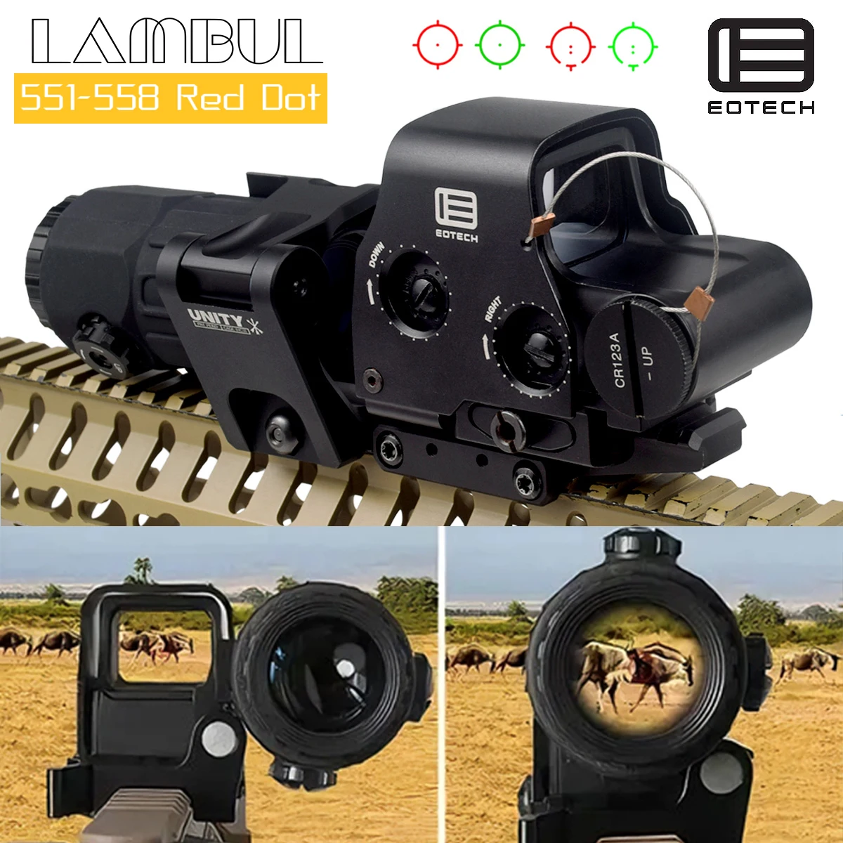 Hunting EOTECH 551 552 553 Red Dot Holographic Collimator with UNITY Mount G33 G43 G45 3X 5X Magnifier Scope Airsoft Riflescope view 2