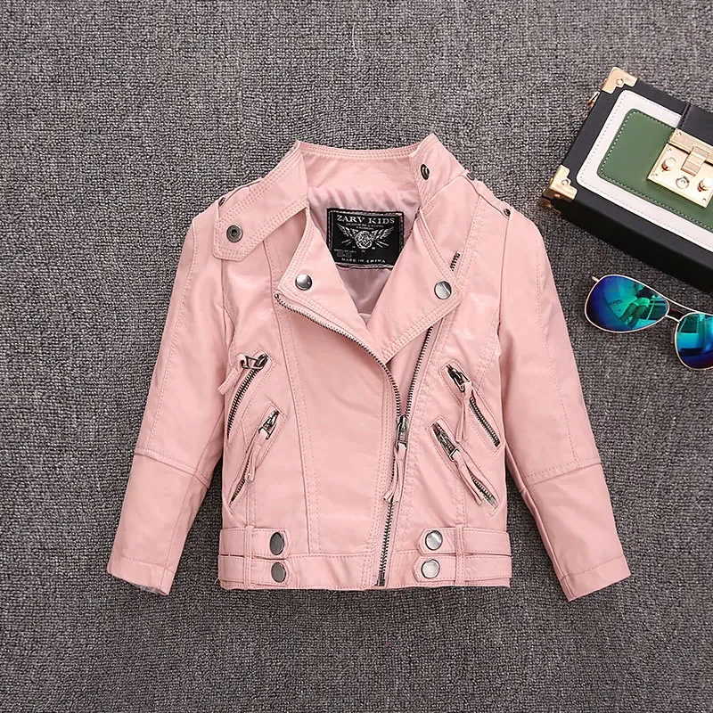 2-14 Years Old Girls Faux Leather Jacket Children PU Coat Long Sleeve Zip Belt Locomotive Jacket Stylish Teen Kids Boys Jackets