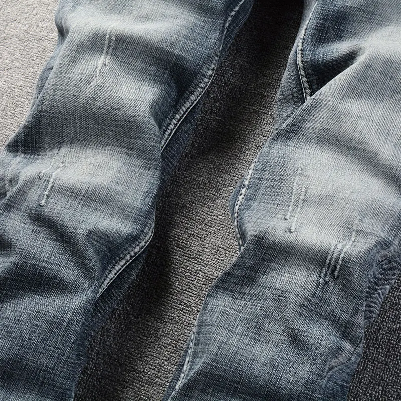 Fashion Designer Men Jeans High Quality Retro Blue Gray Stretch Slim Fit Ripped Jeans Men Embroidery Vintage Denim Pants Hombre