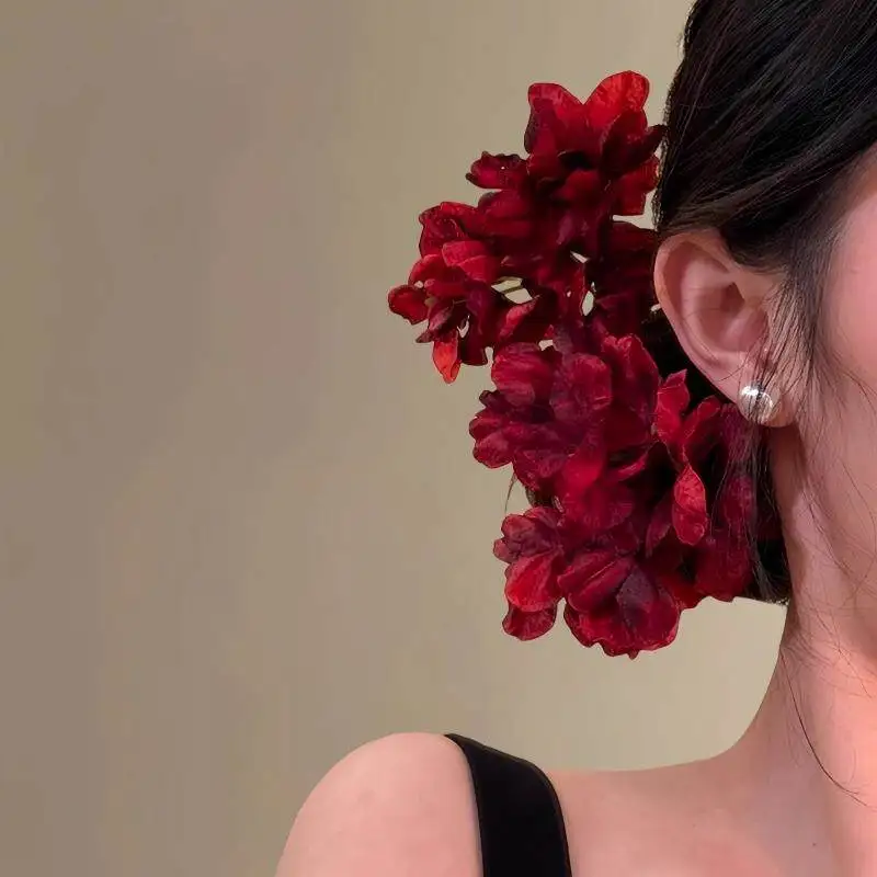 2PCSRed Flower Hair Pins For Women Elegant Burgundy Artificial Floral Hair Barrettes Romantic Blossom Hair Accessory For Wedding image 4