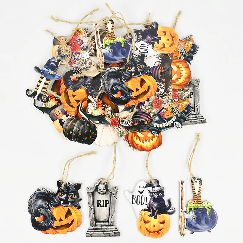 

36Pcs Halloween Wooden Hanging Ornament Witch Hat Pumpkin Decor Halloween Party Decorations 2024 Home Haunted House Supplies