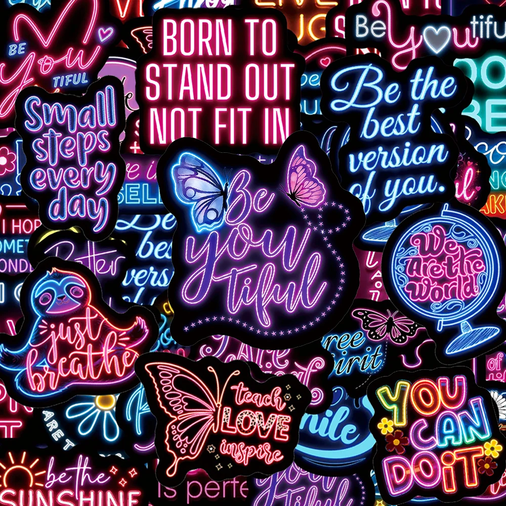 

10/30/50pcs Neon Inspirational English Phrases Stickers Funny Cartoon Sticker Scrapbook Luggage Phone Graffiti Decals Toy Gift