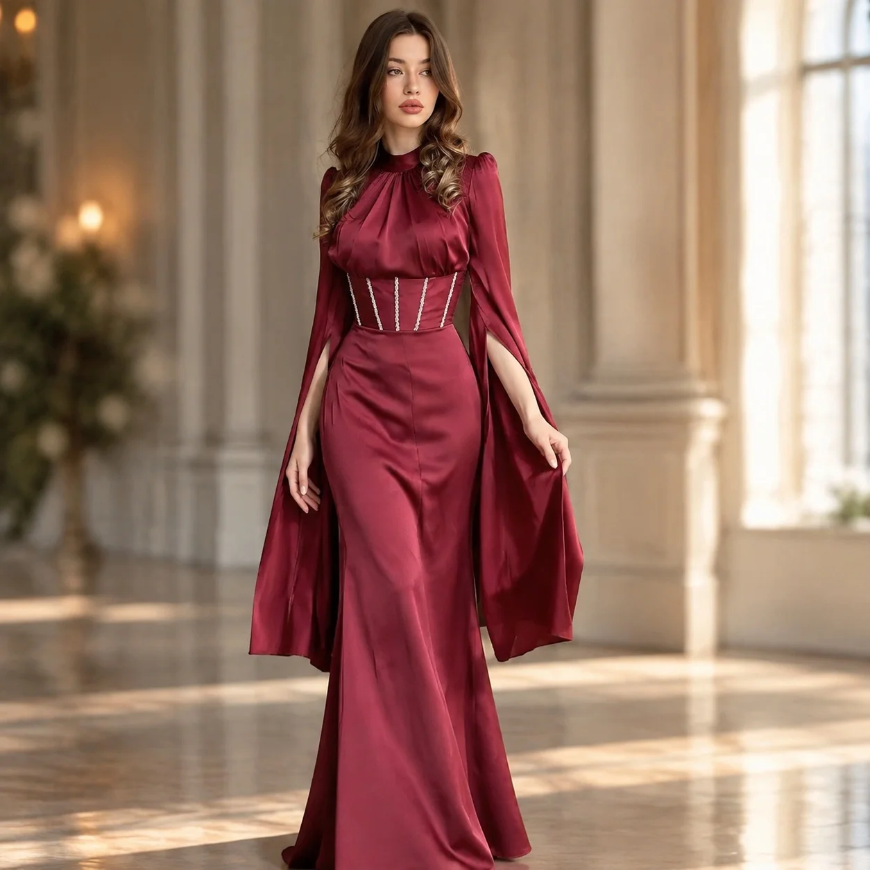 Mid Waist Long Sleeve Dress Fitted Elegant with Regular Sleeve Round Neck a Line Nameless Noblewoman Style Dress for Women