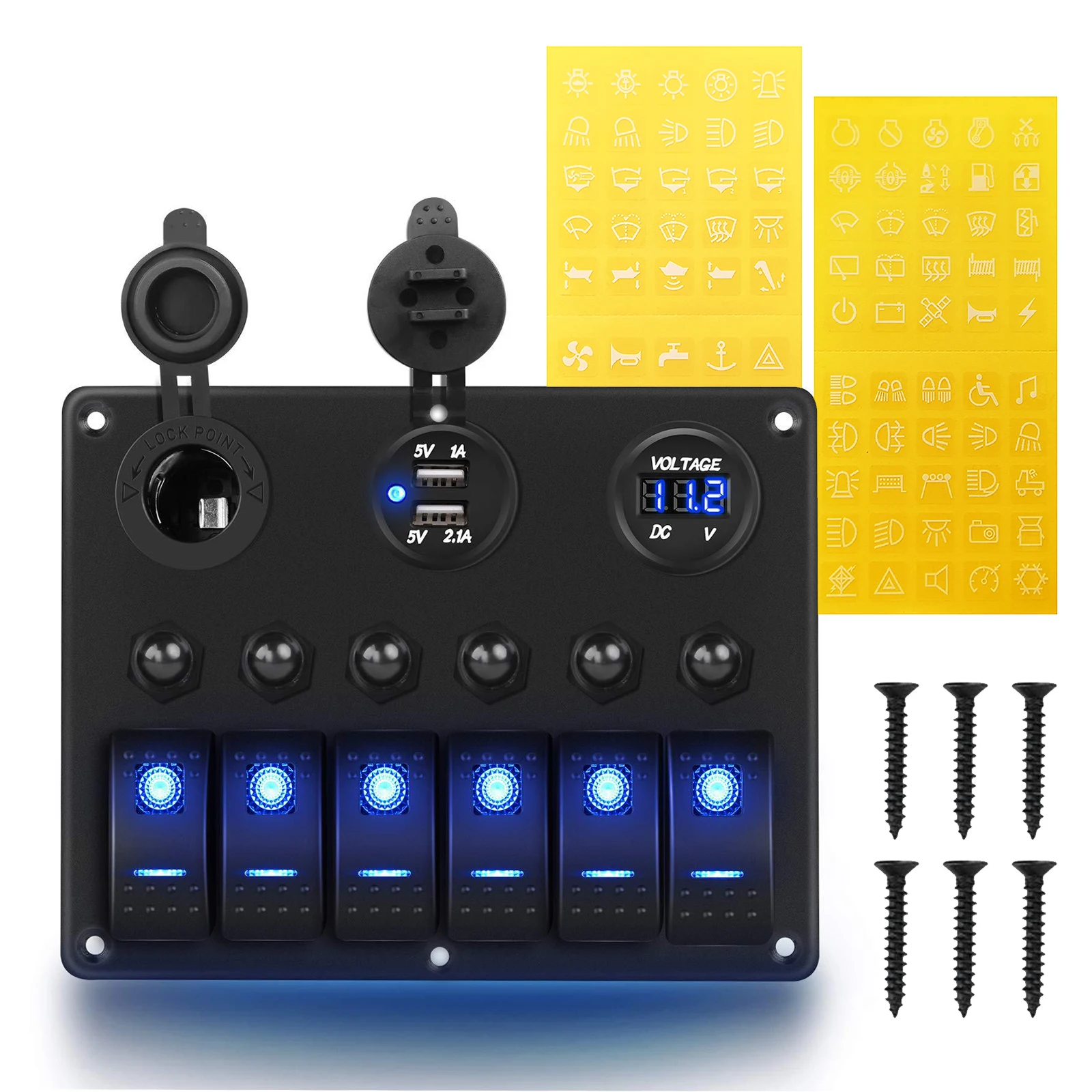 

6 Gang Rocker Switch Panel Dual USB Ports Digital Voltmeter Aluminum Panel DC 12V Car Marine Boat Circuit Breaker Waterproof