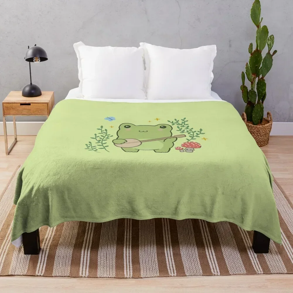 Cute Kawaii Frog Playing Banjo - Toad Plant Fungi Blue Butterfly - Cottagecore Aesthetic Mushroom - Chubby Phrog Throw Blanket