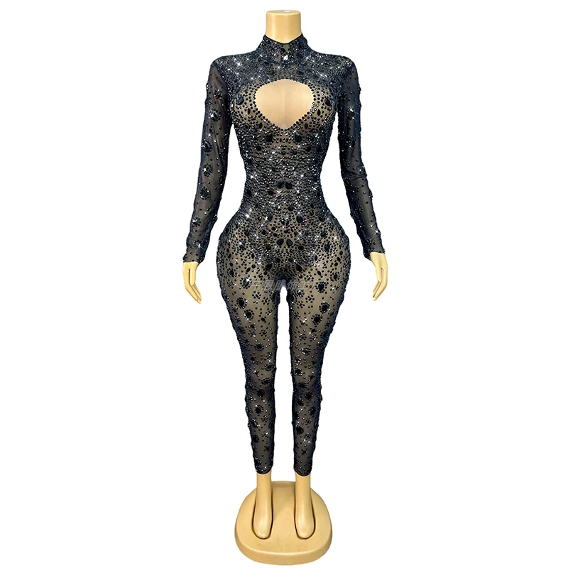 Błyszczący kombinezon taneczny z dżetami, czarny kombinezon z długim rękawem, strój do klubu nocnego Gogo, odzież taneczna Ds, strój sceniczny dla piosenkarki VDL3733